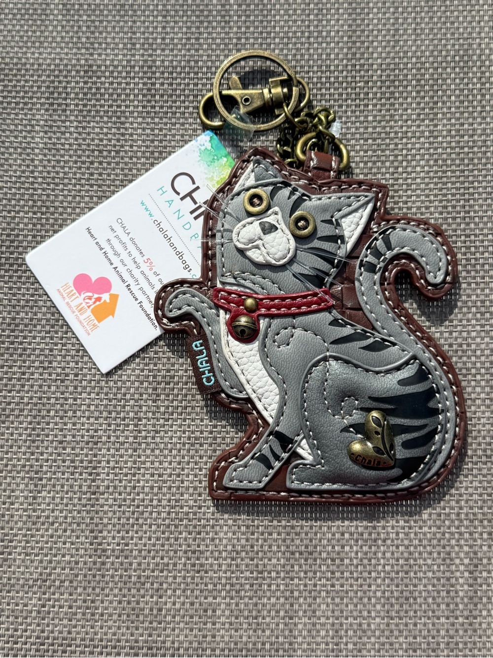Chala Gray Tiger Cat with Red Collar Coin Pouch Keychain